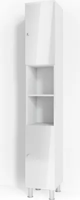 A tall, narrow white cabinet with two doors and two open shelves.
