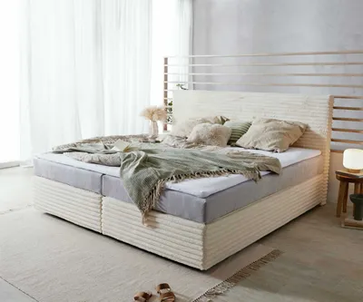 Produktbild von DELIFE Boxspringbett Dream-Well Plüsch-Cord Beige 200x200 cm mit Taschenfederkernmatratze und Topper Visco