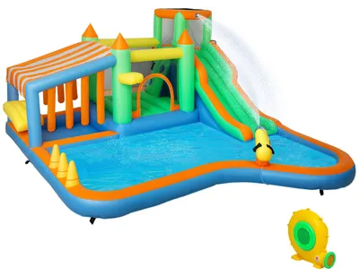 Produktbild von Hüpfburg für Kinder, mit Wasserrutsche, Planschbecken, Kletterwand, für drinnen und draußen, 360 x 315 x 195 cm, Bunt