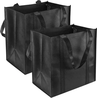 Image de Lot de 2 sacs à provisions - Grand sac noir à anses 38 x 35 x 25 cm - Longue bandoulière - Sac en tissu pour femme - Sac à main de courses