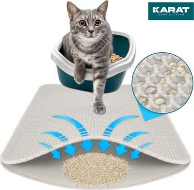 A cat is stepping out of a litter box onto a gray litter mat. The mat is shown with a cutaway view to illustrate its layered design and how litter is trapped. Arrows indicate airflow.