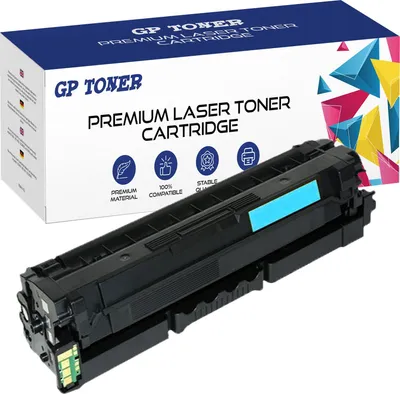 A black toner cartridge is shown in front of its packaging box.