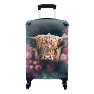 Produktbild von MuchoWow® Koffer Handgepäck Trolley Rollkoffer Kleine Reisekoffer mit 4 Rollen - Kuh - Schottischer Highlander - Blumen - Botanisch - Cabin Size < 55x40x23 cm & 55x40x20 cm - Fotokoffer - Kabinenkoffer - Boardgepäck - Reise-Box - Reisekoffer - Reisegepäck - Koffer mit Bild - Trolley für Kinder