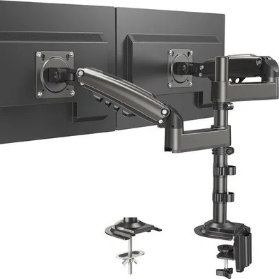Zdjęcie produktu dla Podwójny uchwyt do monitorów o przekątnej 13–32 cali, ergonomiczny, z regulacją wysokości, obrót o 360°