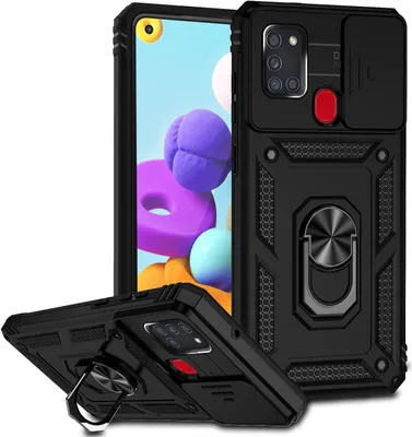 Produktbild von Galaxy A21S Hülle mit Schiebe Kamera Schutz und Ringhalter Ständer Robust Rüstung Schutzhülle für Samsung Galaxy A21S Schwarz