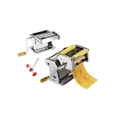 Two pasta machines are shown on a white background. One is in the foreground and is actively making ravioli. The other is in the background.