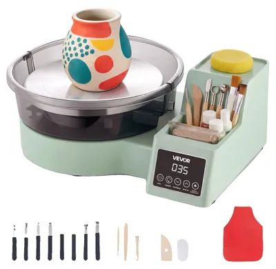 Produktbild von VEVOR Töpferscheibe, 35 cm Keramikrad Formmaschine, 60-300 U/min Geschwindigkeitsverstellbares Fußpedal, Verstellbares Hebeleg, Abnehmbares Becken, Komplettes Werkzeugzubehörset für Kunsthandwerk DIY, Weiß