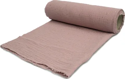 Obrázek produktu pro Bavlněná mušelínová tkanina dvojitá gáza, špinavě růžová se zlatými puntíky 50 x 130 cm