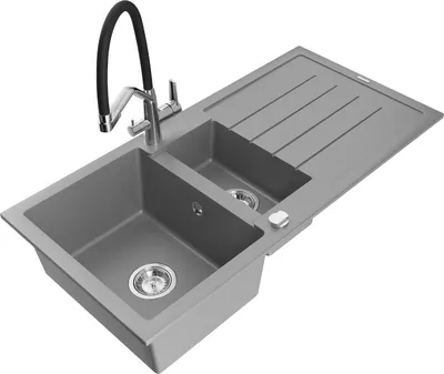 Produktbild von Mexen Andres 1,5-Becken-Granitspüle mit Abtropffläche und Mischbatterie Duo, Grau - 6515-71-671701-07