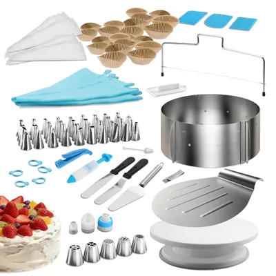 Produktbild von Lindenstein Torten-Zubehör-Set 144 Teile – Backzubehör mit verstellbarem Tortenring 8,5 cm hoch, Tortenschneider, Tortenheber, Streichwerkzeug, drehbarer Tortenplatte und XXL Torten-Deko-Set