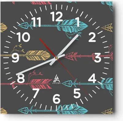 Produktbild von Wanduhr - Quadrat - Glasuhr - Pfeil Feder - 40x40cm - Schleichendes Uhrwerk - Lautlos - zum Aufhängen bereit - Dekoration Modern - Wanddekoration aus Glas - C4AC40x40-3874