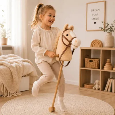 BOECKIE Hobby Horse Steckenpferd Beige für Kinder mit weichem Plüschkopf und Holzstab – Montessori R