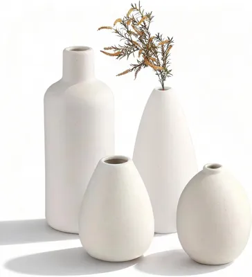 Image de Lot de 4 vases en céramique, blancs, pour décoration intérieure, idéal pour le salon