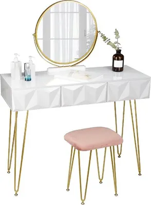 Produktbild von Make-up-Tisch - Set mit Spiegel - 360-Grad drehbarer Make-up-Spiegel - 3 Schubladen - Samtbezug - Weiß/Grau