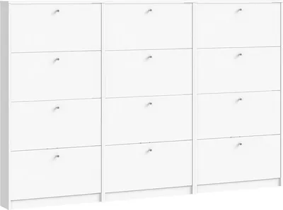 A white shoe cabinet with 12 flip-down doors.