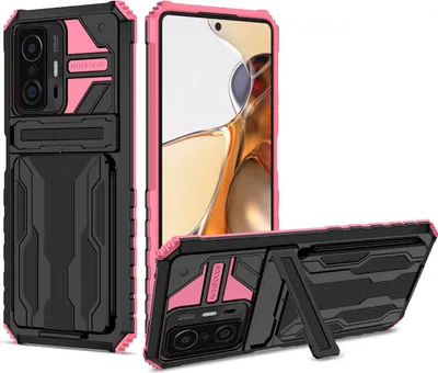 Produktbild von Xiaomi Mi 11T Pro Hülle, Hybrid Robust Schutz Stoßfest Schutzhülle mit Kartenhalter Ständer für Xiaomi Mi 11T / Mi 11T Pro Rosa