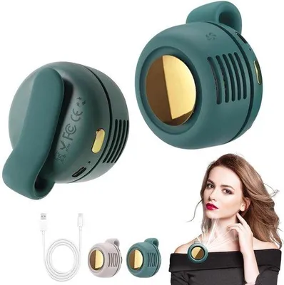 Image de Mini ventilateur avec clip - Ventilateur de cou sans pales, rechargeable - 3 vitesses - USB-C - Blanc / Vert foncé