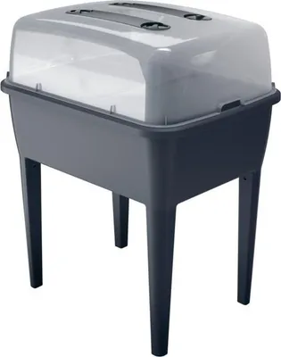 A dark gray raised planter box with a transparent lid and handles, shown on a white background.