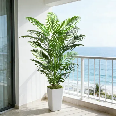 Image de Palmier Areca artificiel, 180 cm – Plante artificielle en pot, grand palmier Areca résistant aux UV pour l'intérieur et l'extérieur – Plante décorative artificielle pour le salon, le balcon, le bureau et le jardin