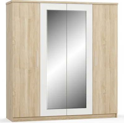 A four-door wardrobe with a central mirrored section, presented against a white background.