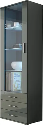 Produktbild von Furniture24 Vitrine mit Blauer LED Beleuchtung SOHO S1 Vitrinenschrank Standvitrine Stauraumvitrine Glasvitrine Schrank Wohnzimmerschran Grau/Grau Hochglanz