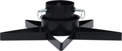 A black metal Christmas tree stand with a star-shaped base and a central tube for the tree trunk.