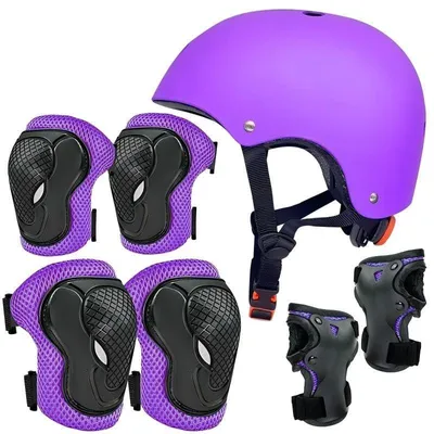 Produktbild von Set aus 7 Schutzausrüstungen für Kinder, bestehend aus Fahrradhelm und Knieschoner