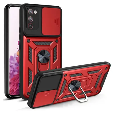 A red and black phone case with a camera cover and a ring stand is shown against a white background. Another case is shown in the foreground, angled.