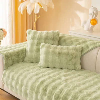 Image de (Vert clair, oreiller 30 * 50 cm) Coussin de canapé en peluche épaisse de lapin, housses de coussin de canapé moelleuses, protection des meubles