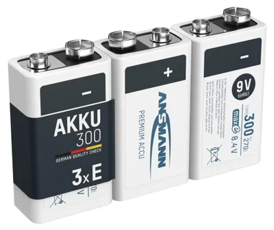 Produktbild von ANSMANN Akku 9V 300mAh E-Block NiMH 1,2V – 1000x wiederaufladbar (3 Stück)
