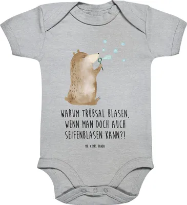 Produktbild von Mr. & Mrs. Panda Strampler Baby Bär Seifenblasen 12. - 18. Monat - Heather Grey - Geschenk, Kurzarmbody, Einteiler, babykleidung body, Teddy, Babybody