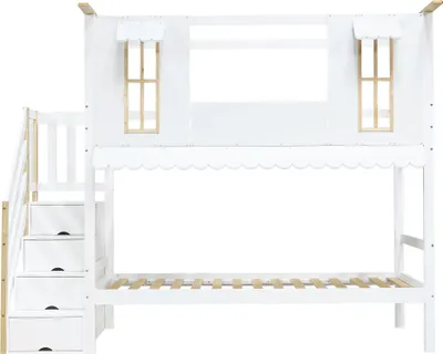 Produktbild von Flieks Etagenbett 90x200cm mit Rausfallschutz, Kinderbett Hausbett mit Fenster, Hochbett mit Lattenrost und Stauraumtreppe, Stockbett Weiß