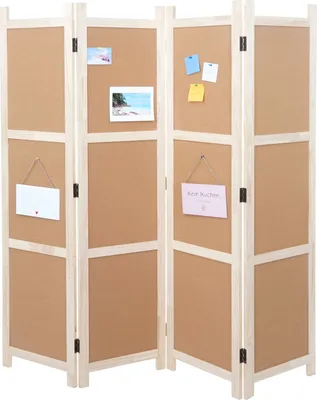 A four-panel folding screen with corkboard surfaces, displaying several pinned photos and notes.