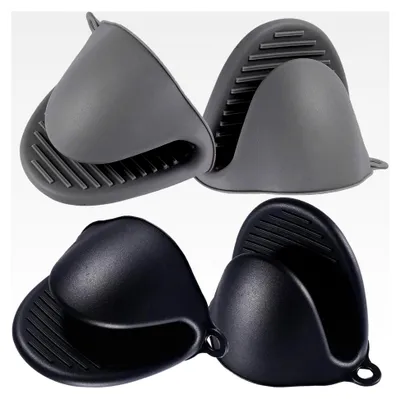 Produktbild von 2 Paar Mini-Ofenhandschuhe aus Silikon, hitzebeständig, für Kochen und Backen (Schwarz und Grau)