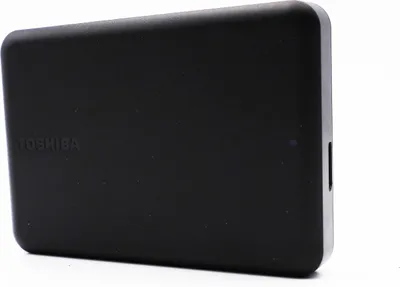 A black Toshiba external hard drive is shown against a white background.