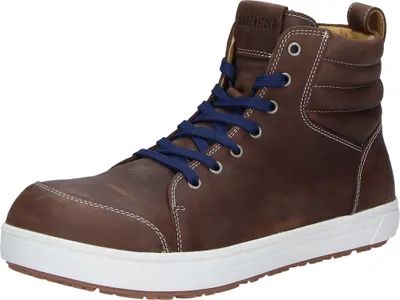A single brown high-top shoe with blue laces against a white background.