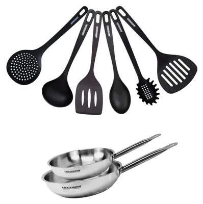 Image de Set de 2 poêles 20 et 24 cm en inox et 6 ustensiles Fackelmann Eterna