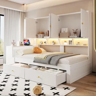 Produktbild von Merax Multifunktionsbett Tagesbett 90x200 cm mit Schreibtisch, Schränken, Schubladen, LED-Beleuchtung und Steckdosen, Kinderbett Jugendbett, Weiß