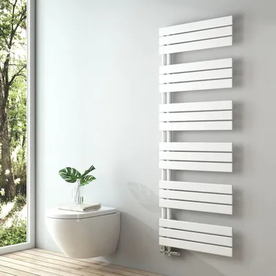 A modern bathroom with a wall-mounted toilet and a white towel radiator next to a large window.
