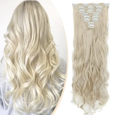 Produktbild von Clip In Extensions Haarverlängerung Gewellt 8 Teiliges Set 18 Clips 60cm Aschblond & Bleichblond