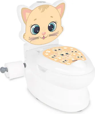 A white and beige cat-themed potty training seat for children, shown from a side-front angle against a white background.