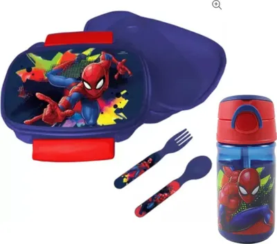 Produktbild von Marvel Spiderman 4 tlg Kinder Lunch Set Brotdose Trinkflasche Besteck