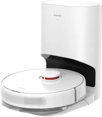 A white robot vacuum cleaner with a self-emptying base is shown against a white background.