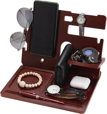 Image de Support en bois pour téléphones portables et accessoires - Organiseur de table de chevet avec station de recharge - Boîte en bois pour montres et lunettes de soleil - Station de recharge en bois pour téléphones portables et accessoires