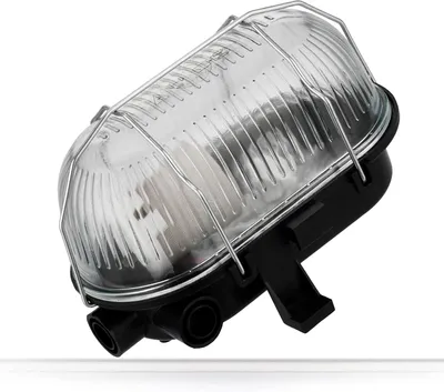 A black and clear outdoor light fixture with a metal cage.