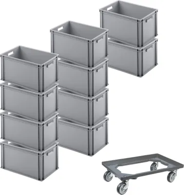 Produktbild von SparSet 10x Eurobehälter mit offenem Griff & 1x Transportroller Grau | HxBxT 32x40x60cm | 56 Liter | Eurobox, Transportbox, Transportbehälter, Stapelbehälter
