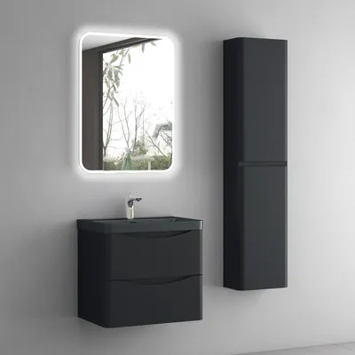 Produktbild von doporro Badmöbel-Set Waschbeckenunterschrank Waschtisch mit Unterschrank Wandmontage in matt schwarz, BTH: 60x42x50 cm, inkl. Mineralguss-Waschbecken und LED-Badspiegel Smile