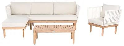 Zdjęcie produktu dla BELIANI Zestaw mebli ogrodowych biały jasnobrązowe drewno akacjowe 4-osobowy prawostronny narożna sofa fotel stolik poduszki