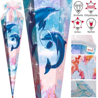 Produktbild von Roth Schultüte 85 cm Mädchen Exklusiv Set, Motiv / Ausführung:Delfin Schleife Glitter Spitze