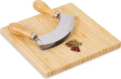 Produktbild von Relaxdays Wiegemesser mit Brett, Bambus & Edelstahl, zweischneidiges Kräutermesser, Kräuterbrett 20x20 cm, natur/silber